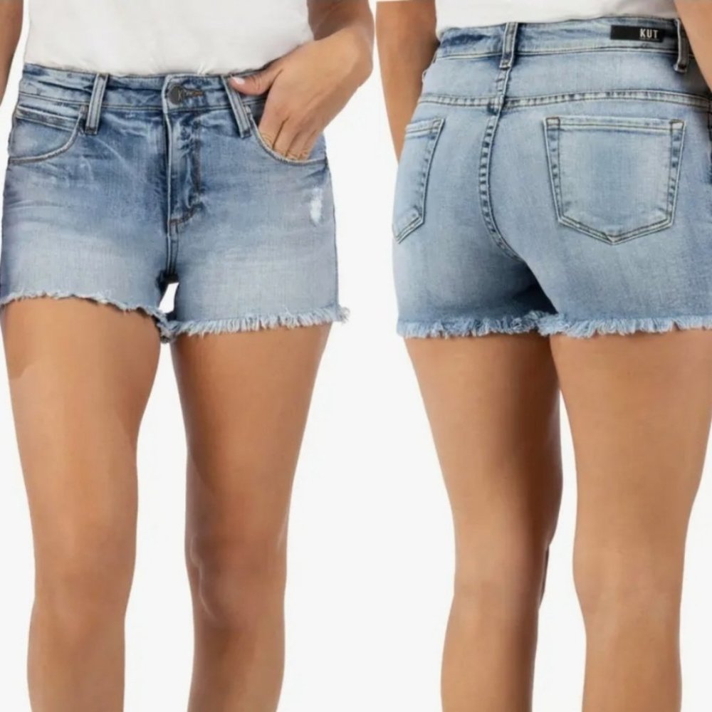 Kut from the Kloth Light Wash Frayed Hem Denim Jean Shorts